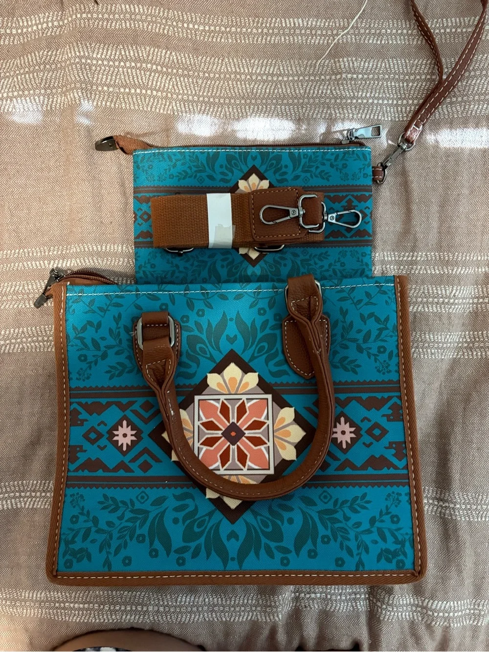 Turquoise and Tan Patterned Tote Bag